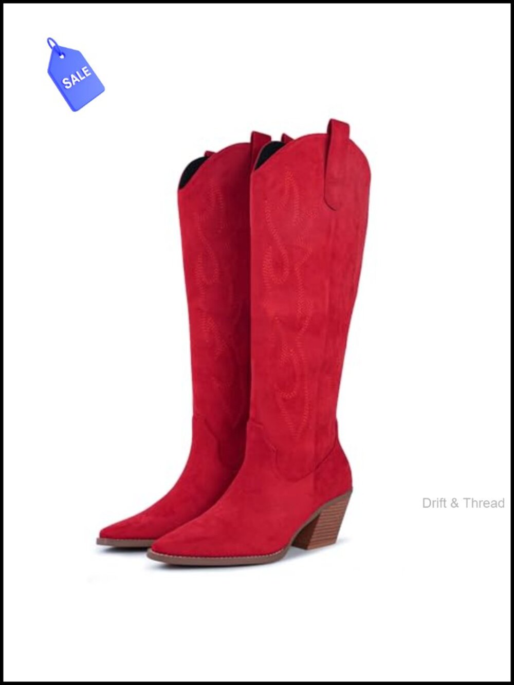 Faux Leather Suede Knee High Cowgirl Boots Block Heel Western